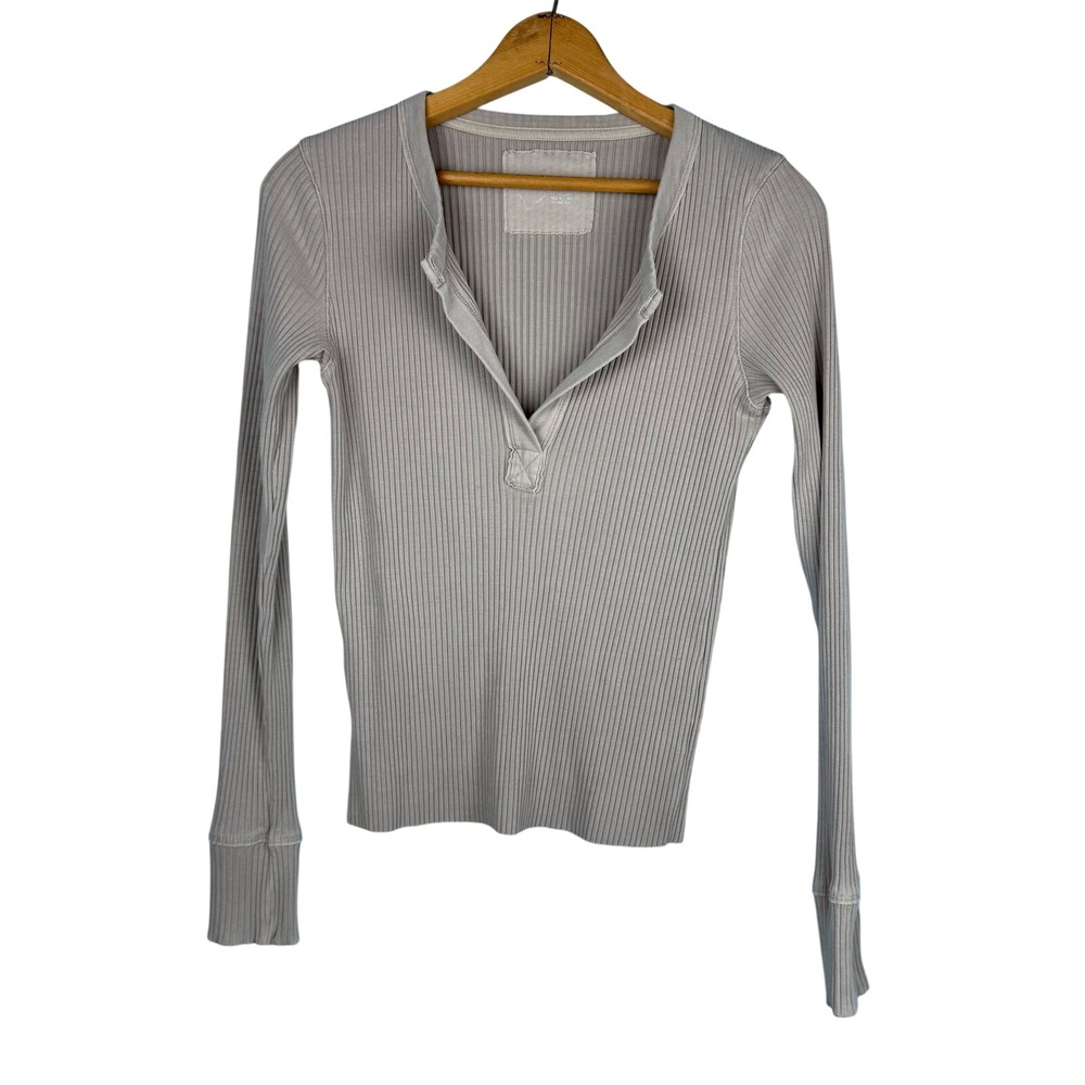Aerie Ribbed Long Sleeve Henley Top Taupe Grey Slim Fit Small Y2K Babydoll